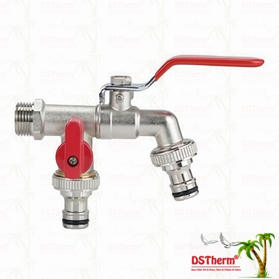 Kuningan Ekonomi Double Outlet Bibcocks Nikel dilapisi keran dengan pegangan merah 1/2 "* 3/4" * 3/4 "