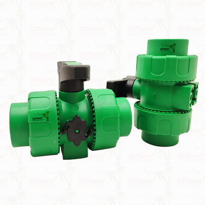 Lock Ball PPR Double Union Ball Valve Dengan Plastik Ball S2.5 20-63MM Logo yang Disesuaikan