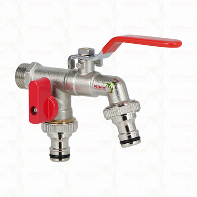 Kuningan Ekonomi Double Outlet Bibcocks Nikel dilapisi keran dengan pegangan merah 1/2 "* 3/4" * 3/4 "
