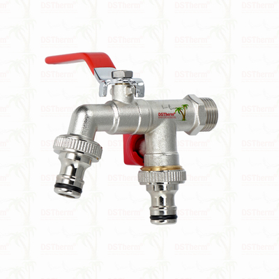 Kuningan Ekonomi Double Outlet Bibcocks Nikel dilapisi keran dengan pegangan merah 1/2 "* 3/4" * 3/4 "