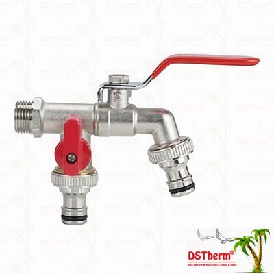 Kuningan Ekonomi Double Outlet Bibcocks Nikel dilapisi keran dengan pegangan merah 1/2 